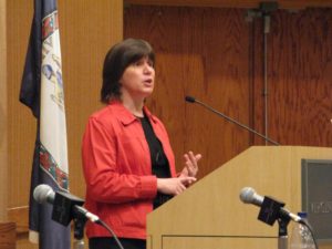 School board member Sally Baird at the Civic Federation candidates forum