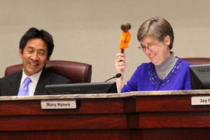 County Board Chair Mary Hynes' chair was "yarn bombed"