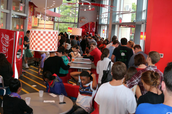 Long line for free cheeseburgers at Z-Burger in Virginia Square on 9/19/13