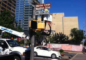 Marine Corps Marathon street sign in Rosslyn (photo courtesy @StayArlington)