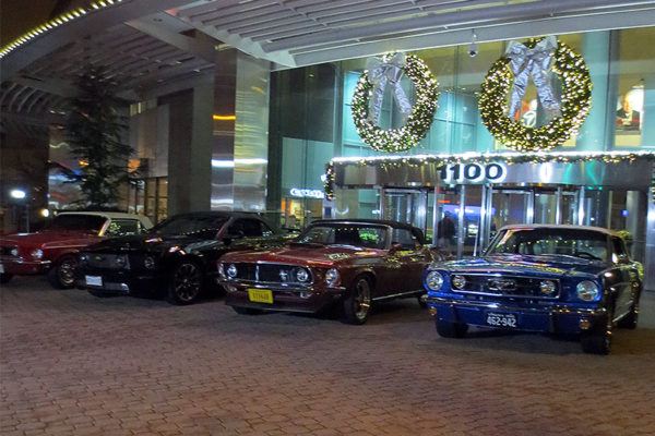 Members of the National Capitol Region Mustang Club parked outside the WJLA building in Rosslyn Thursday morning (courtesy photo)