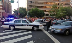 Police cars at the corner of Wilson Blvd and N. Highland Street after a car chase ended in a crash (photo courtesy Keith Hall)