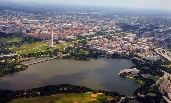 Tidal Basin an D.C. monuments, as seen from a flight arriving at DCA (Flickr photo by Rob Cannon)