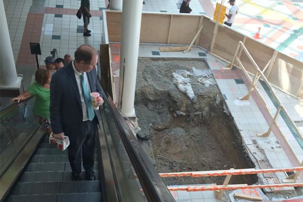 A lunch-goer looks at a construction area at the Pentagon City mall food court