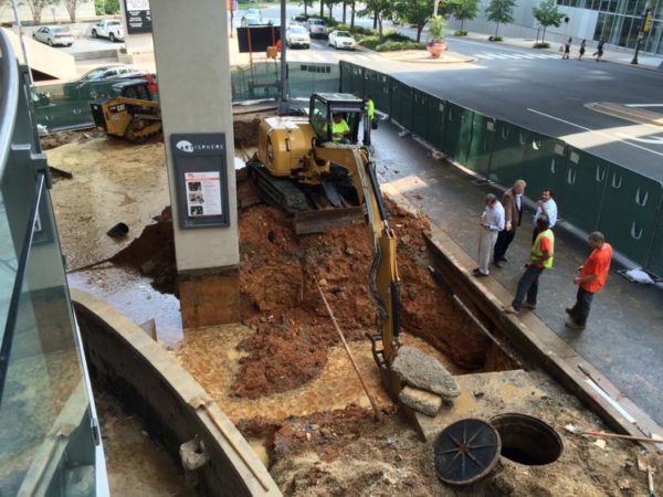 A construction crew apparently struck a water valve outside of Artisphere on 10/2/14