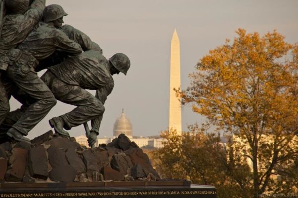 USMC War Memorial with the Capitol and the Washington Monument in the background (Flickr pool photo by Ian Livingston)