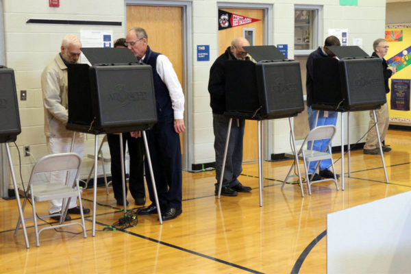 Polling place volunteers work with voters at Arlington Traditional School