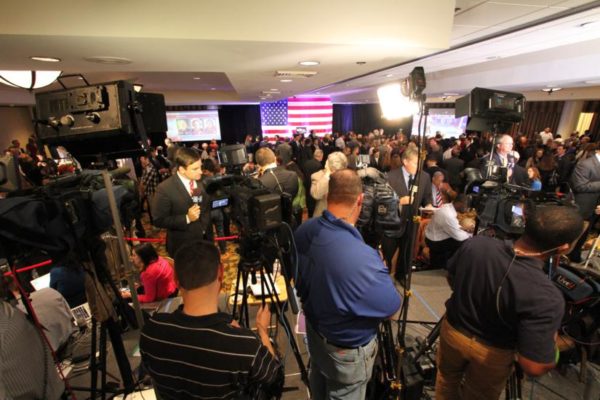 Television news crews at the DoubleTree hotel in Crystal City for Democrats Don Beyer and Mark Warner