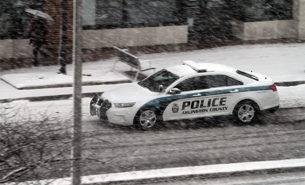 Arlington police car driving in the snow on 3/5/15