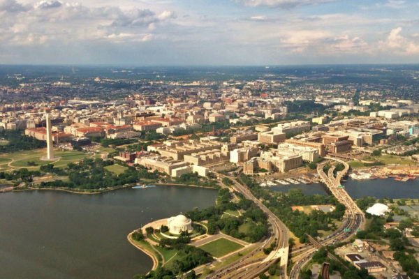 Aerial view of D.C. and the monuments from a flight departing from DCA