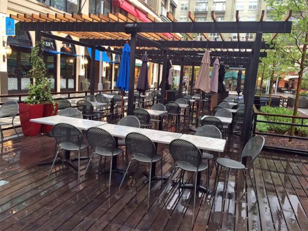 Empty outdoor seating in Pentagon City, due to rainy and cool weather