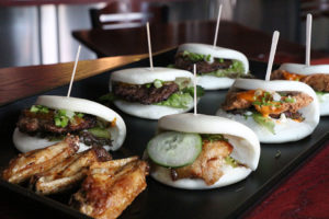 Pork, beef and chicken buns at Gaijin Ramen Shop