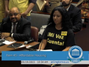 Speaker at County Board meeting on affordable housing plan