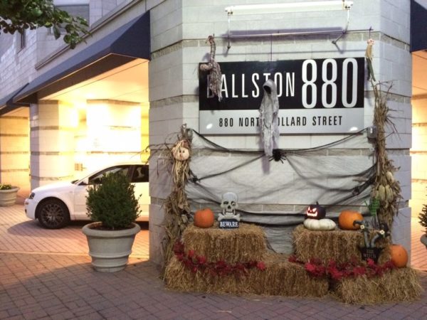 A festive Halloween display outside of a Ballston condominium building