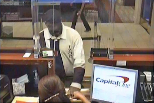 "Forever Loyal Bandit" robbing the Capital One Bank on Columbia Pike (photo via ACPD)