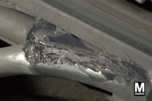 Damaged power cable in a Metro tunnel (via WMATA)