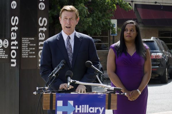 Rep. Don Beyer (D-Va.) speaks alongside Del. Charniele Herring (D) at a press conference outside of the Courthouse Metro station