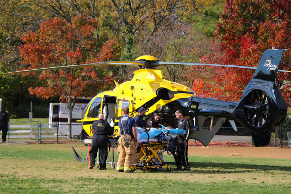 Medical helicopter lands near Arlington Traditional School, transporting a patient to Virginia Hospital Center