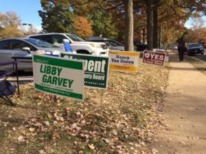 Campaign signs outside of a polling station in Fairlington