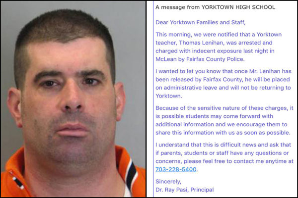 Yorktown teacher Thomas Lenihan and note to Yorktown HS families (photo, left, via FCPD)