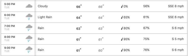 Hourly forecast for 2017 Clarendon Mardi Gras parade (via Weather.com)