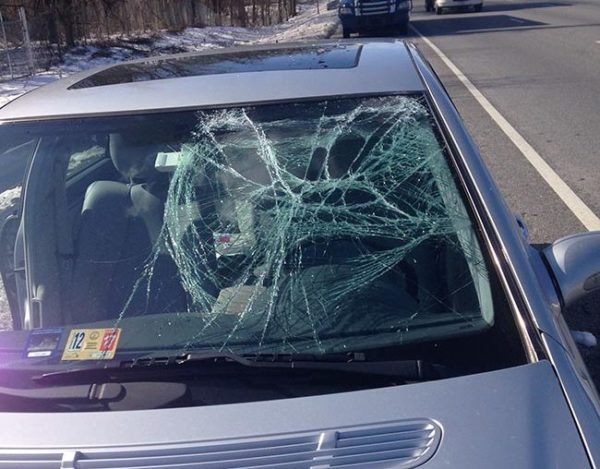 Smashed windshield from ice (photo courtesy Meg Miller Rydzewski)