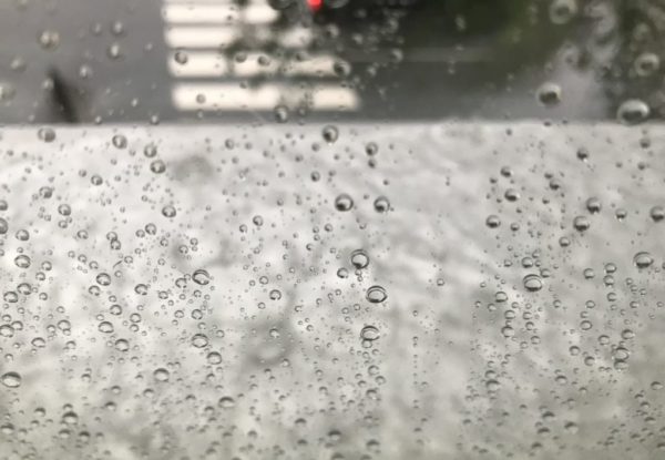 Rain on an office window on Aug. 2, 2018