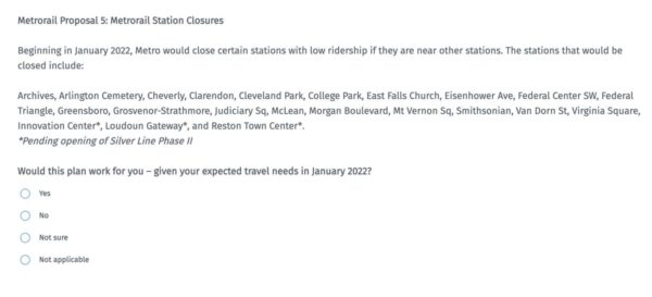 Screenshot of the Metro survey, asking about potential service cuts in 2022 (Photo via Screenshot/Metro press release)