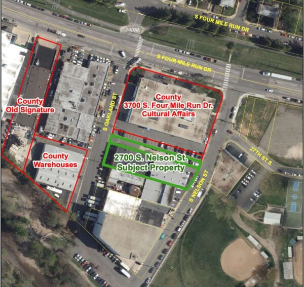 An aerial view of the 2700 South Nelson Project site and the surrounding county-owned properties (via Arlington County)