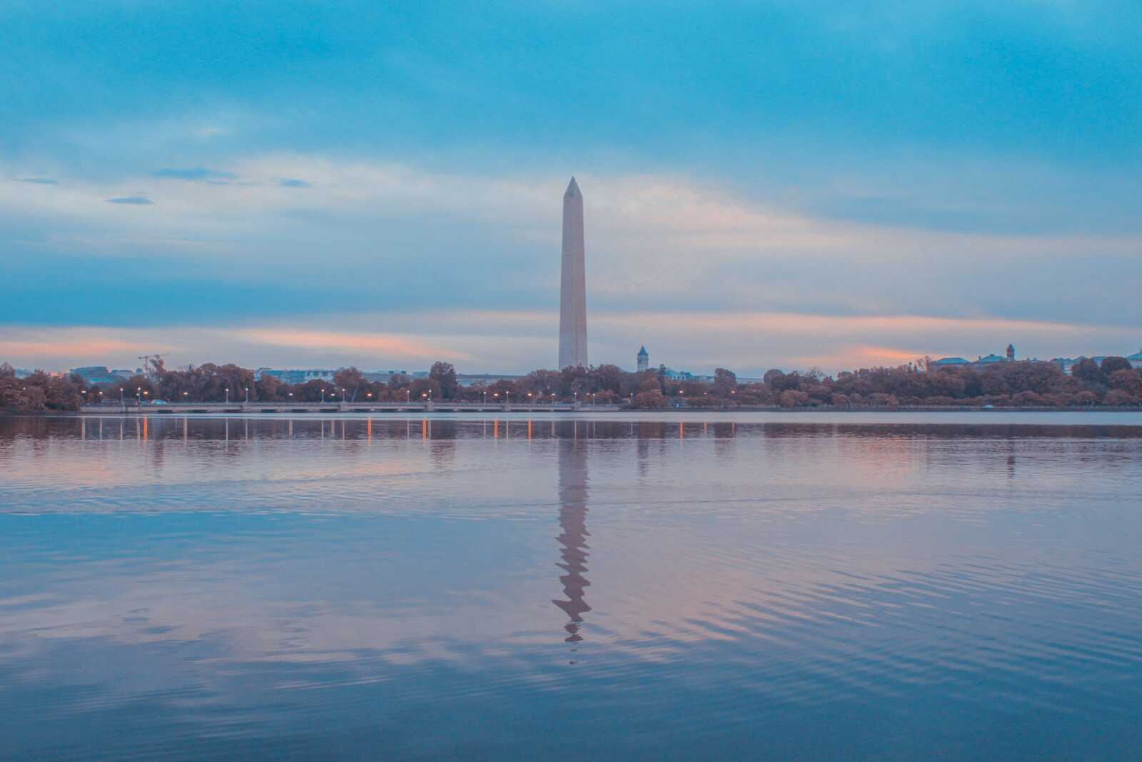 Washington Monument viewed across river.