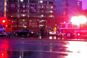 Firefighters work to extricate the driver of a vehicle involved in a critical accident on Glebe Road (photo courtesy "Dixie")