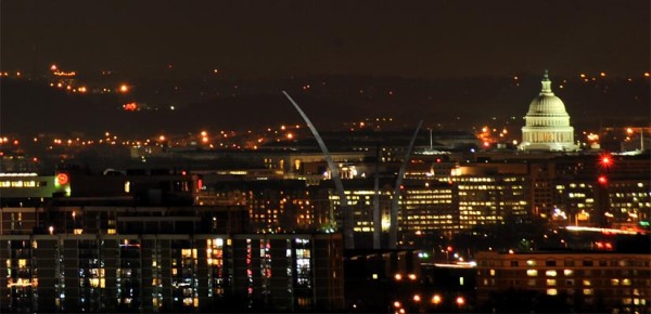 D.C. and the Capitol building at night, as seen from Skyline Towers