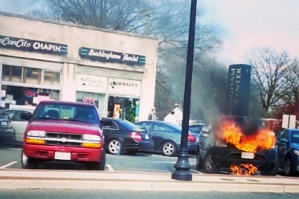 A car on fire along Glebe Road in Buckingham (photo courtesy @Hightweetts)