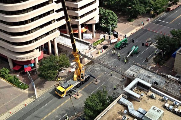 Demolition of a pedestrian bridge in Crystal City over the weekend (photo courtesy Ryan Kaltenbaugh)